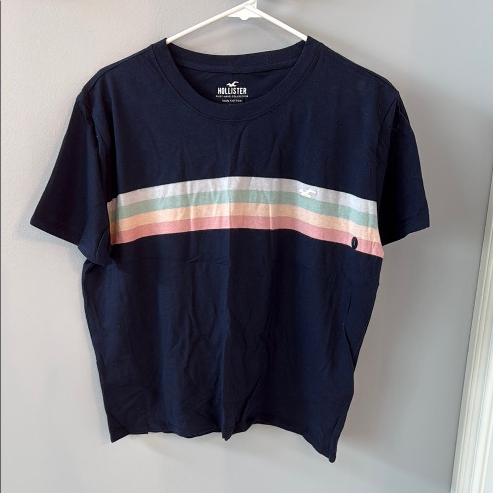 Hollister Navy Tee with Pastel Stripes